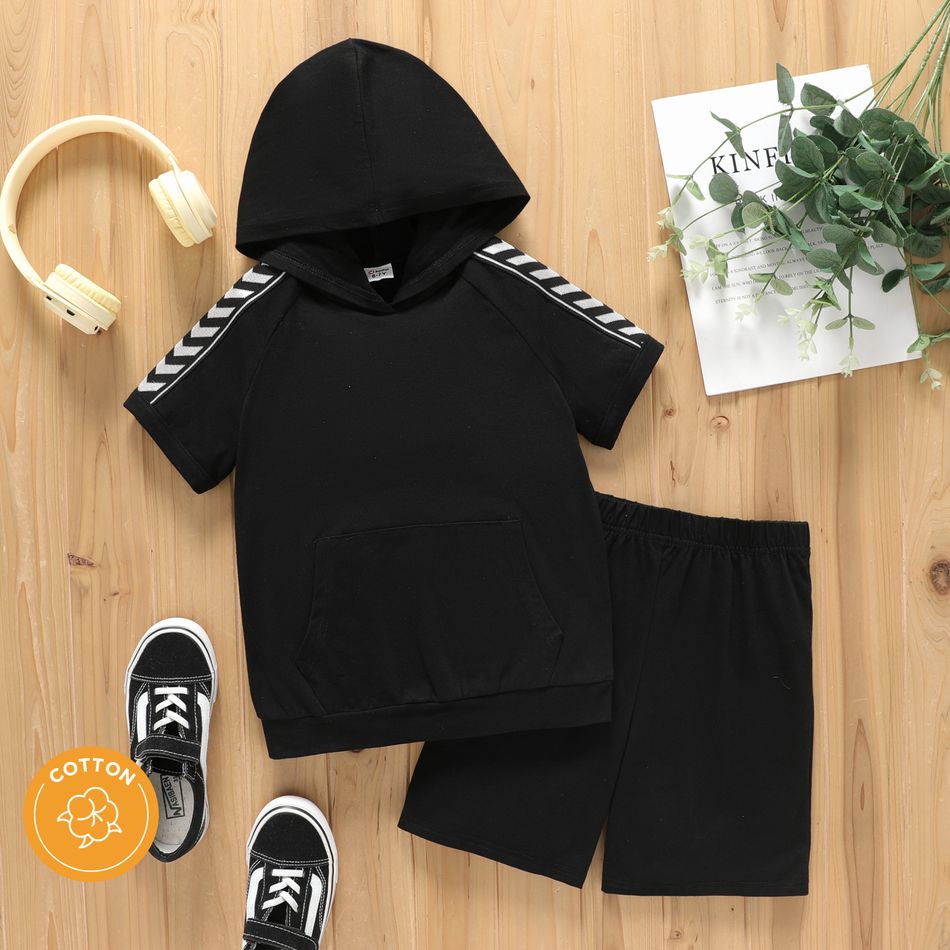 2pcs Kid Boy Striped Hooded Short-sleeve Cotton Black Tee and Elasticized Shorts Set Black
