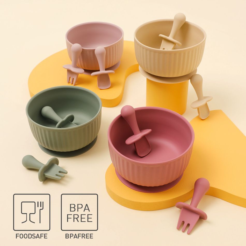 Baby Solid Color Silicone Suction Plate Feeding Set with Self-Feeding Spoon Fork Infant Newborn Utensil Set for Self-Training Dark Pink big image 9