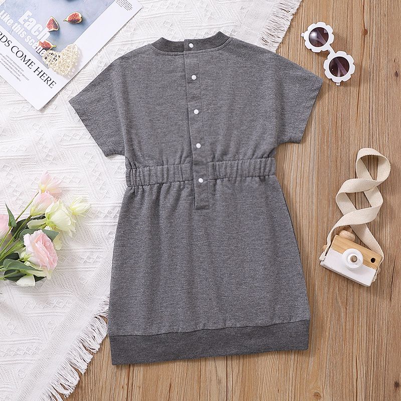 Toddler Girl Solid Color Back Button Design Short-sleeve Cotton Dress Grey big image 2