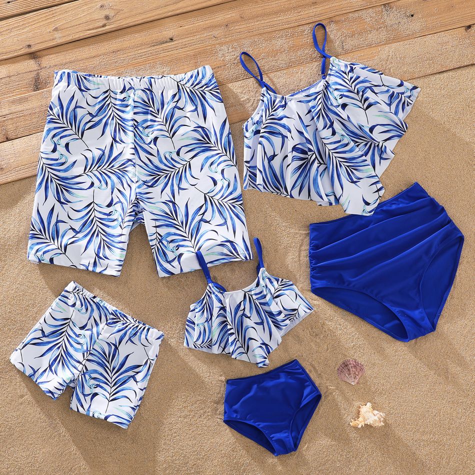 Family Matching Allover Palm Leaf Print Hanky Hem Cami Bikini Set Swimwear and Swim Trunks Shorts Blue
