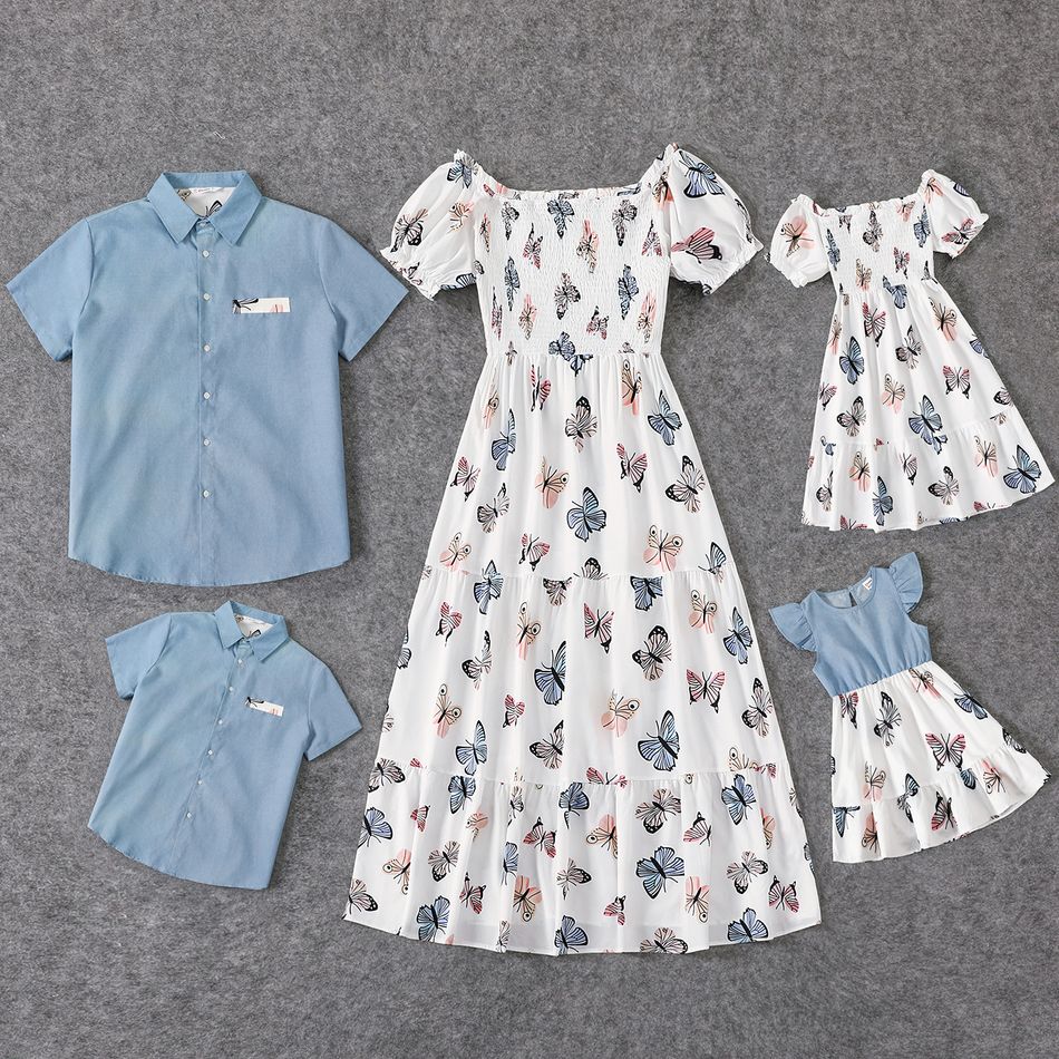 Family Matching Allover Butterfly Print Off Shoulder Puff-sleeve Shirred Dresses and Short-sleeve Denim Shirts Sets White