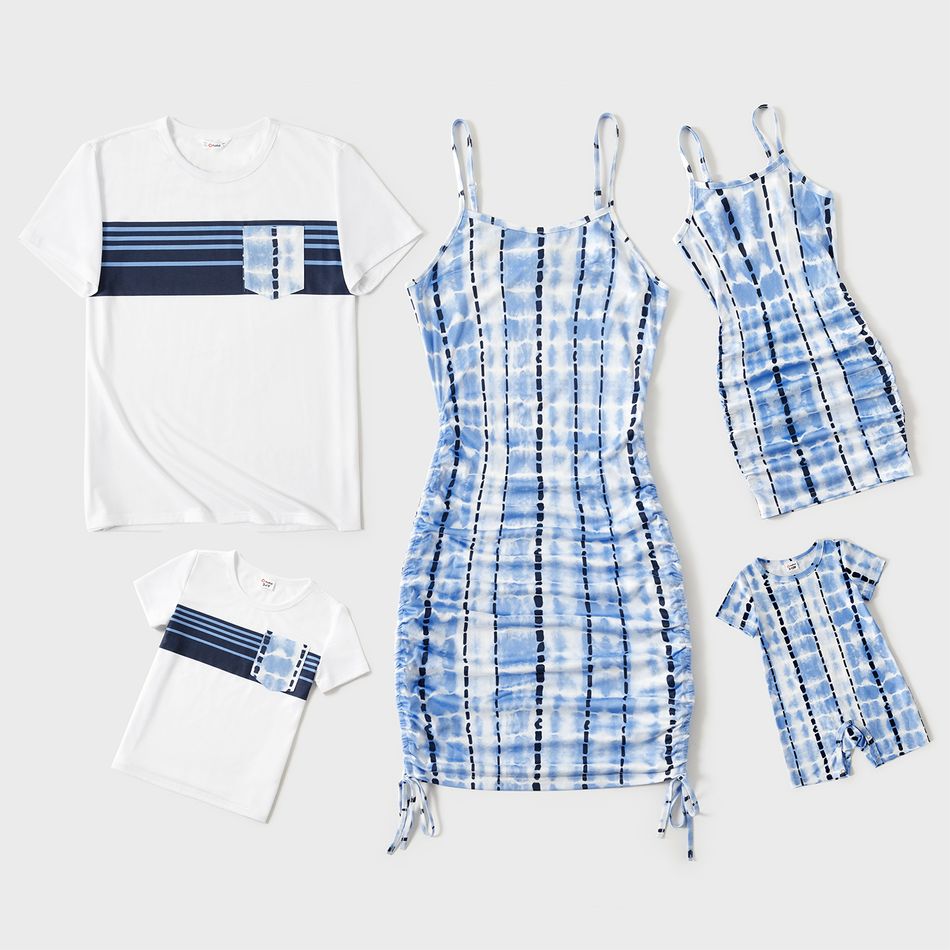 Family Matching Tie Dye Plaid Drawstring Ruched Bodycon Cami Dresses and Short-sleeve T-shirts Sets BLUEWHITE