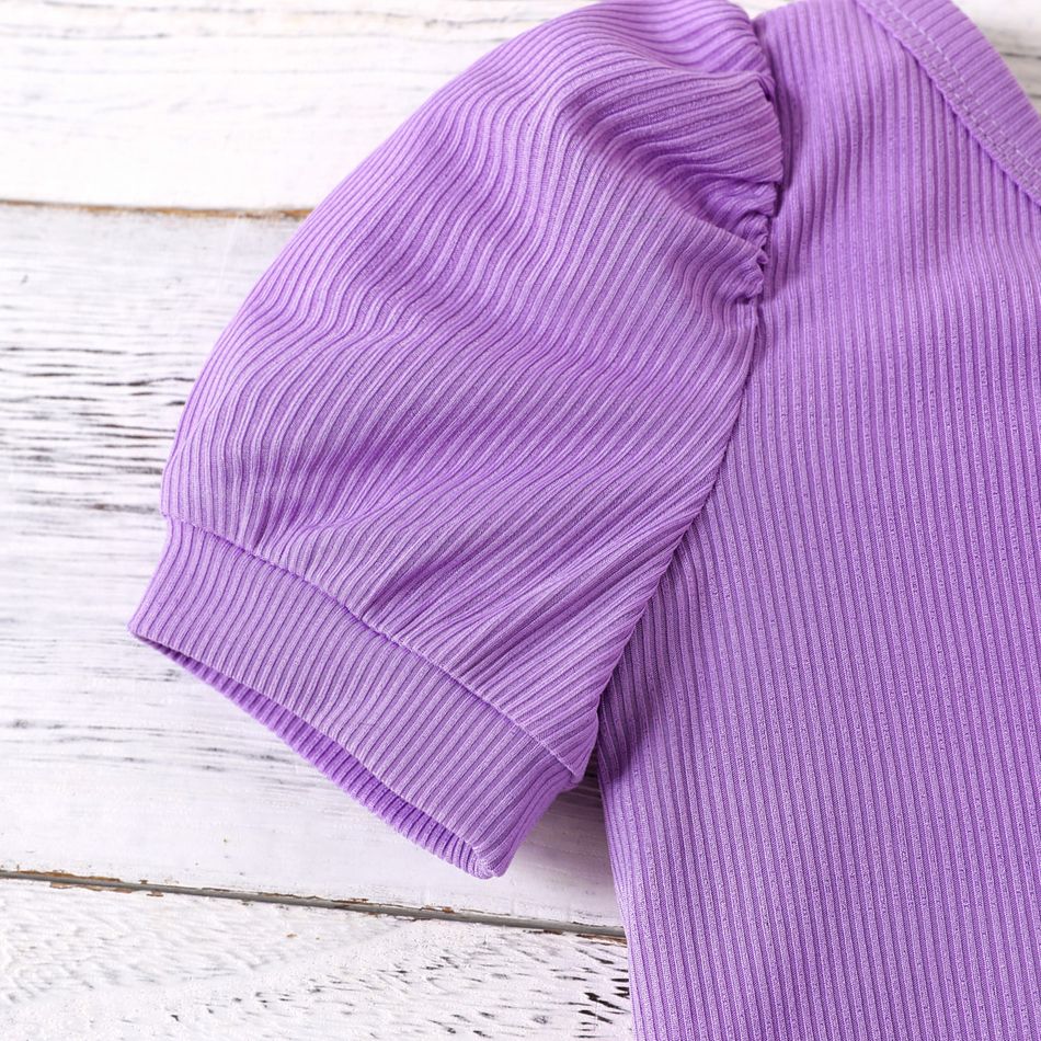 2pcs Baby Girl 100% Cotton Ruffle Hem Shorts and Ribbed One Shoulder Puff-sleeve Top Set Light Purple big image 3