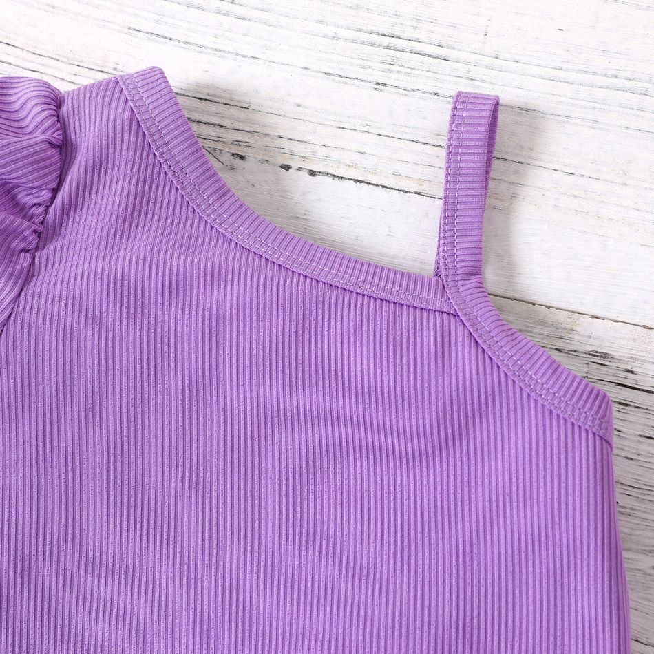 2pcs Baby Girl 100% Cotton Ruffle Hem Shorts and Ribbed One Shoulder Puff-sleeve Top Set Light Purple big image 4