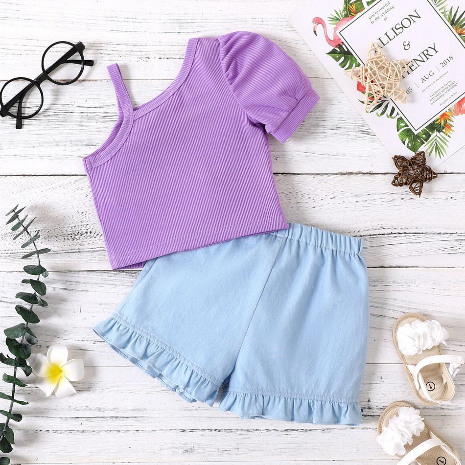 2pcs Baby Girl 100% Cotton Ruffle Hem Shorts and Ribbed One Shoulder Puff-sleeve Top Set Light Purple big image 2