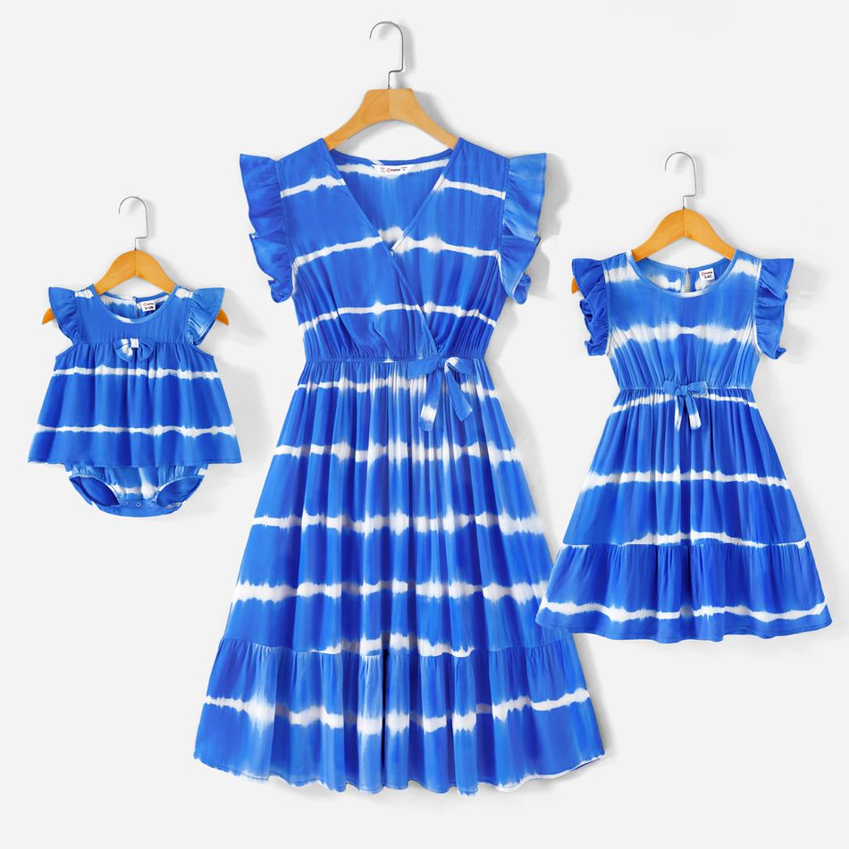 Blue Tie Dye Surplice Neck Ruffle-sleeve Dress for Mom and Me BLUEWHITE