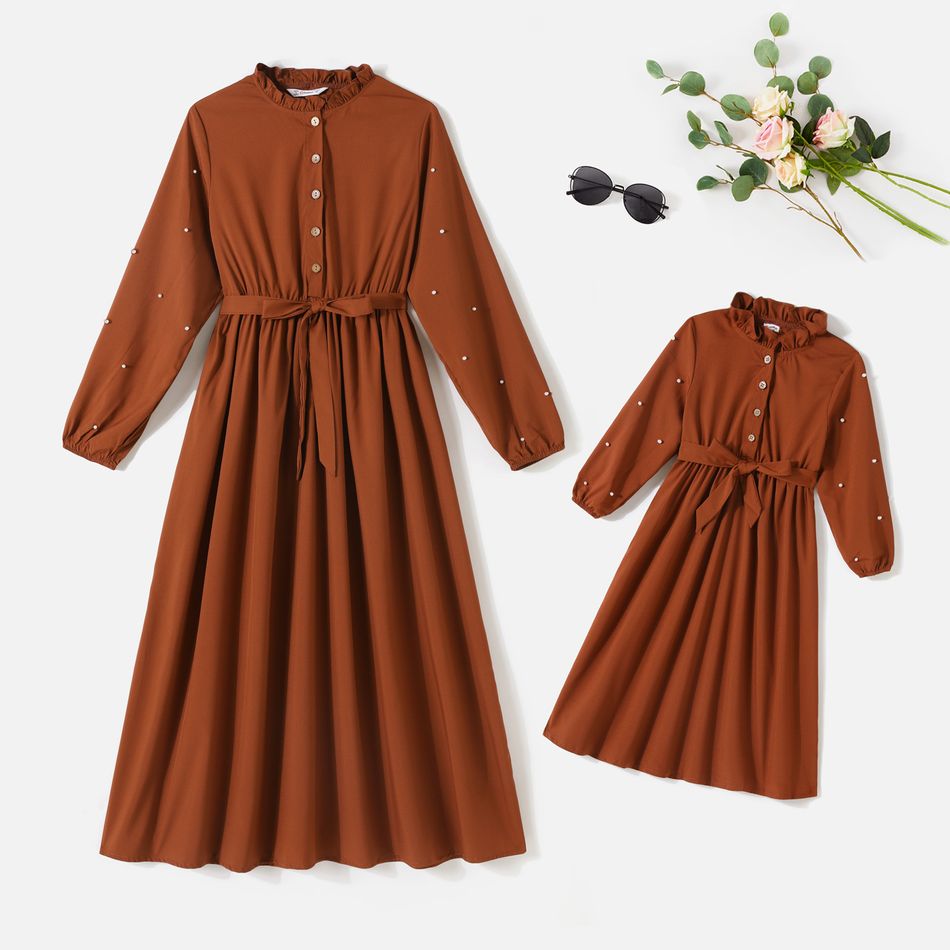 Brown Frilly Ruffle Neck Pearl Long-sleeve Button Down Belted Midi Dress for Mom and Me Brown