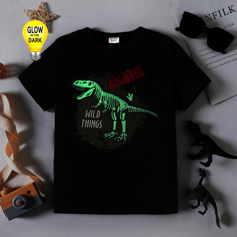 Kids Boy Dinosaur Print Luminous Short Sleeve T-Shirt Black big image 2