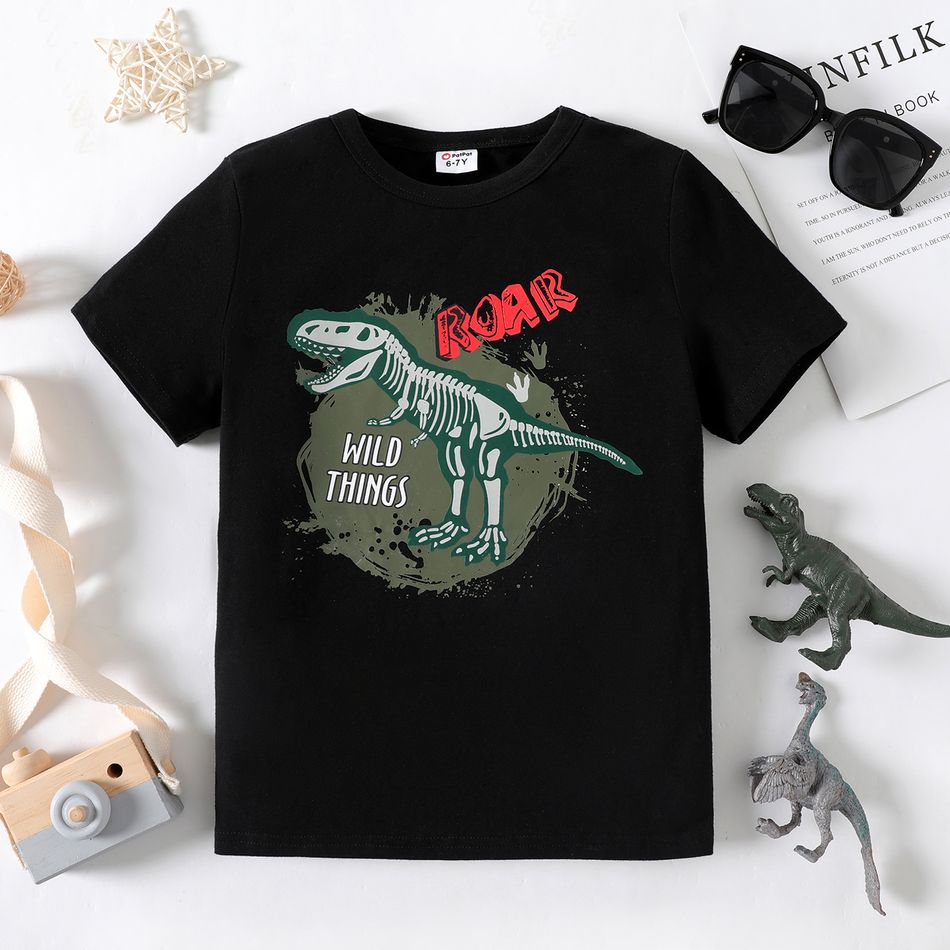 Kids Boy Dinosaur Print Luminous Short Sleeve T-Shirt Black big image 3