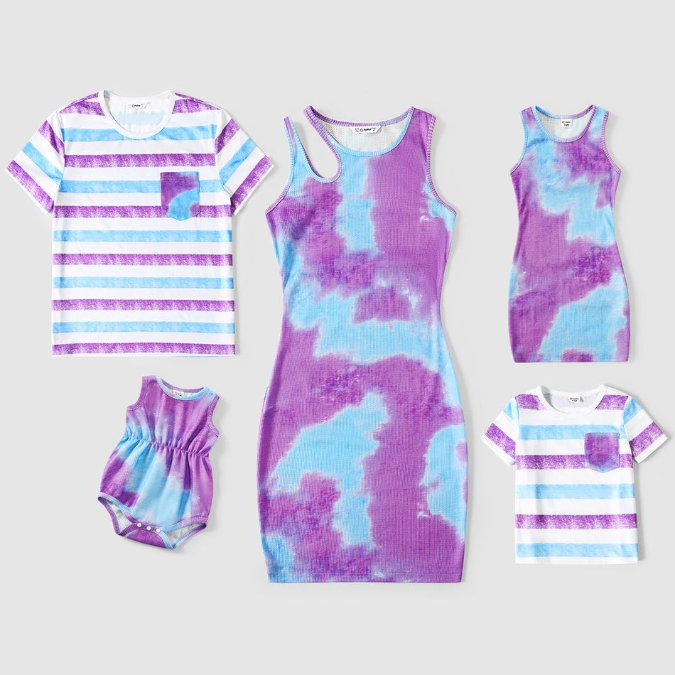 Family Matching Tie Dye Bodycon Cut Out Tank Dresses and Striped Short-sleeve T-shirts Sets LightMediumPurple