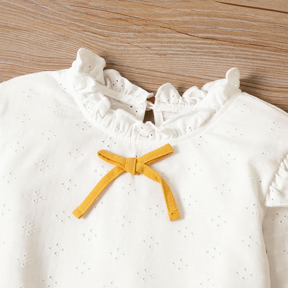 2pcs Kid Girl Ruffle Collar Bowknot Design Hollow out Flutter-sleeve White Blouse and Ruffled Button Design Skirt Set Yellow big image 3