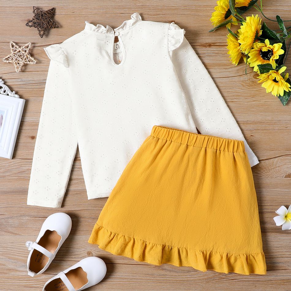 2pcs Kid Girl Ruffle Collar Bowknot Design Hollow out Flutter-sleeve White Blouse and Ruffled Button Design Skirt Set Yellow big image 2
