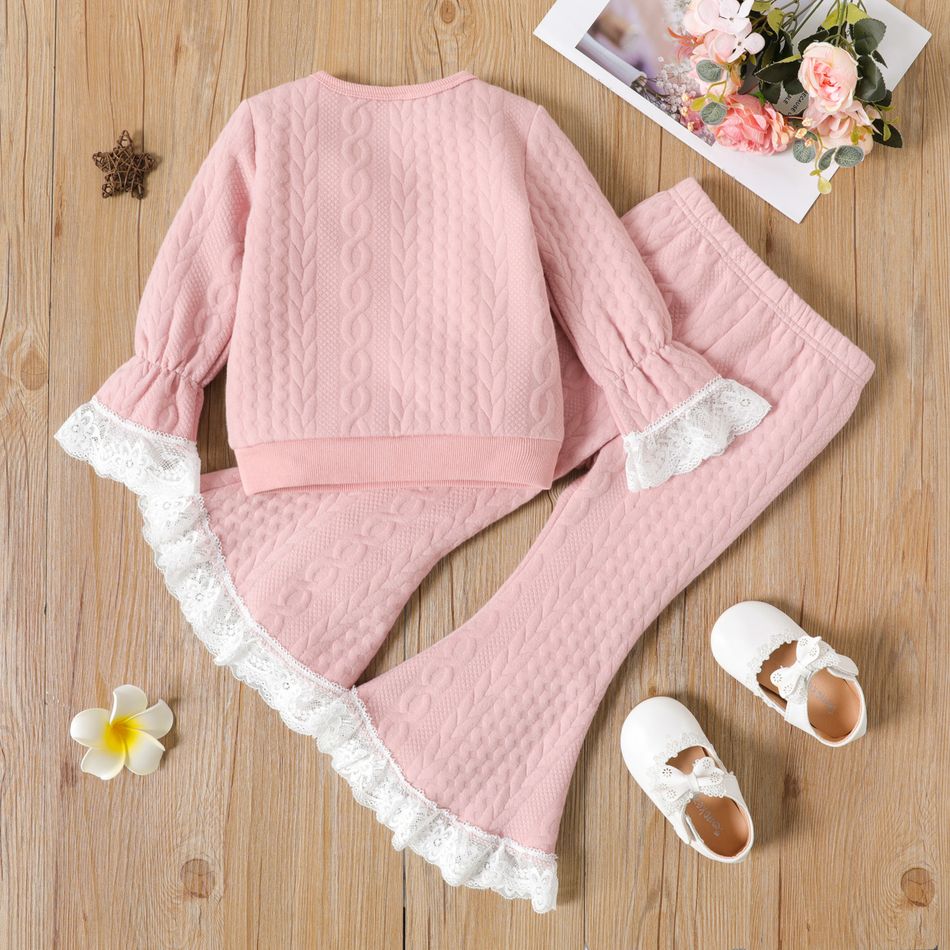 2pcs Toddler Girl Cable Knit Lace Design Pink Sweatshirt and Flared Pants Set Cameo brown big image 2