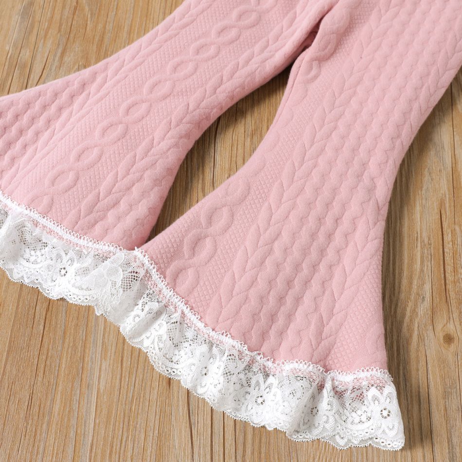 2pcs Toddler Girl Cable Knit Lace Design Pink Sweatshirt and Flared Pants Set Cameo brown