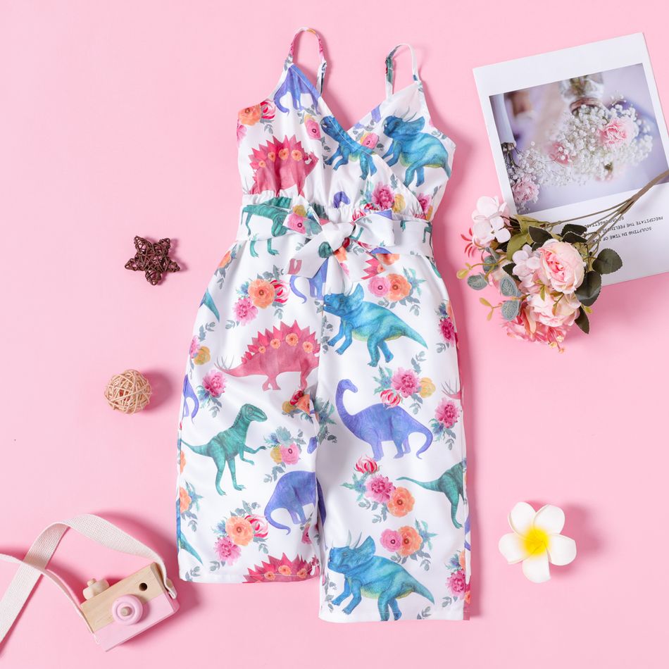 Toddler Girl Floral Dinosaur Print Surplice Neck Slip Jumpsuits Multi-color