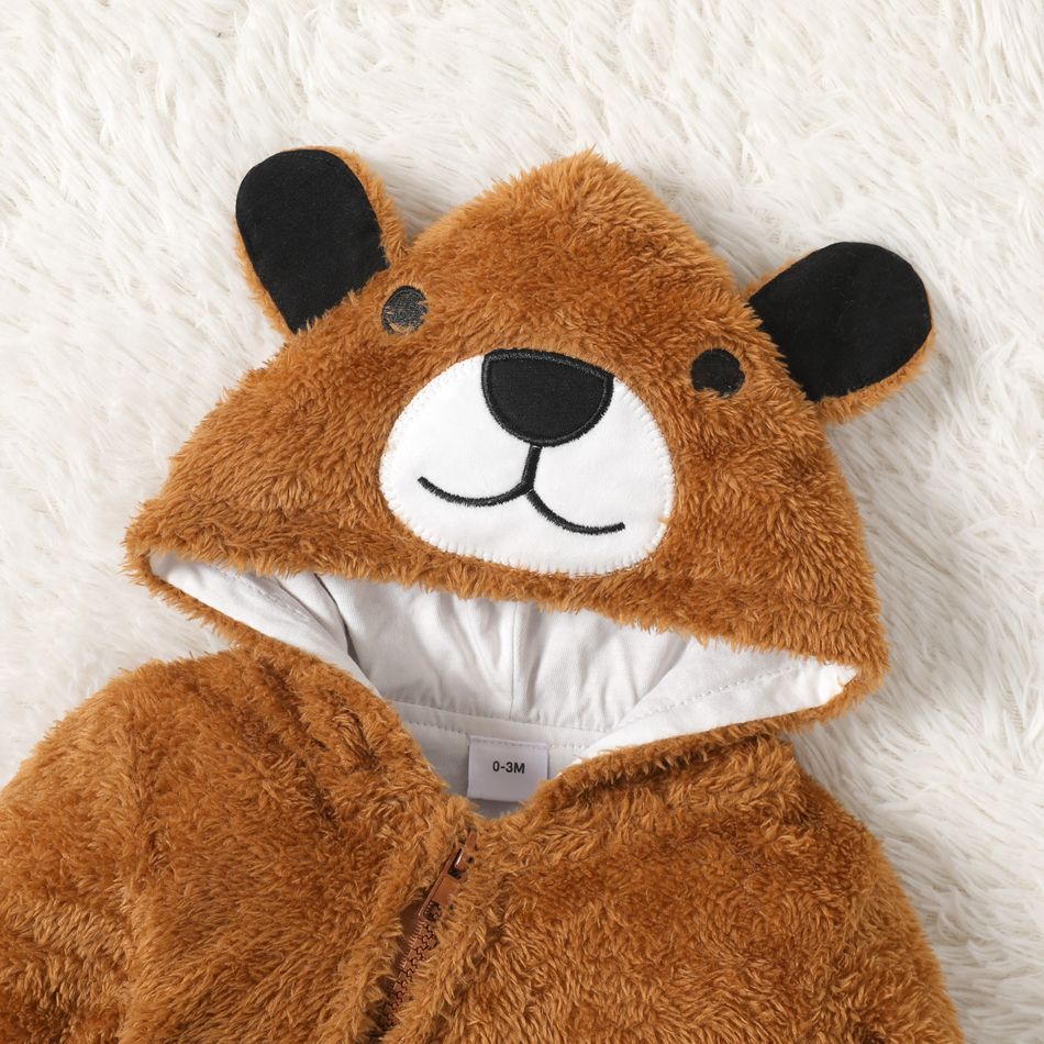 Baby Boy/Girl Bear Embroidered 3D Ears Hooded Long-sleeve Zip Up Thermal Fuzzy Jumpsuit Brown big image 2