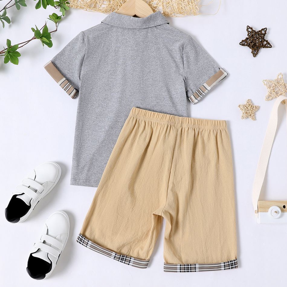 2pcs Kid Boy Plaid Design Short-sleeve Gray Polo Shirt and Elasticized Shorts Set Light Grey big image 2