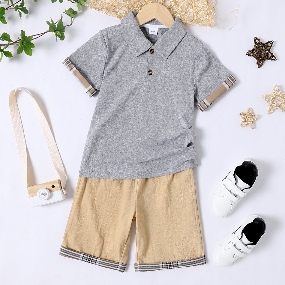 2pcs Kid Boy Plaid Design Short-sleeve Gray Polo Shirt and Elasticized Shorts Set Light Grey big image 1