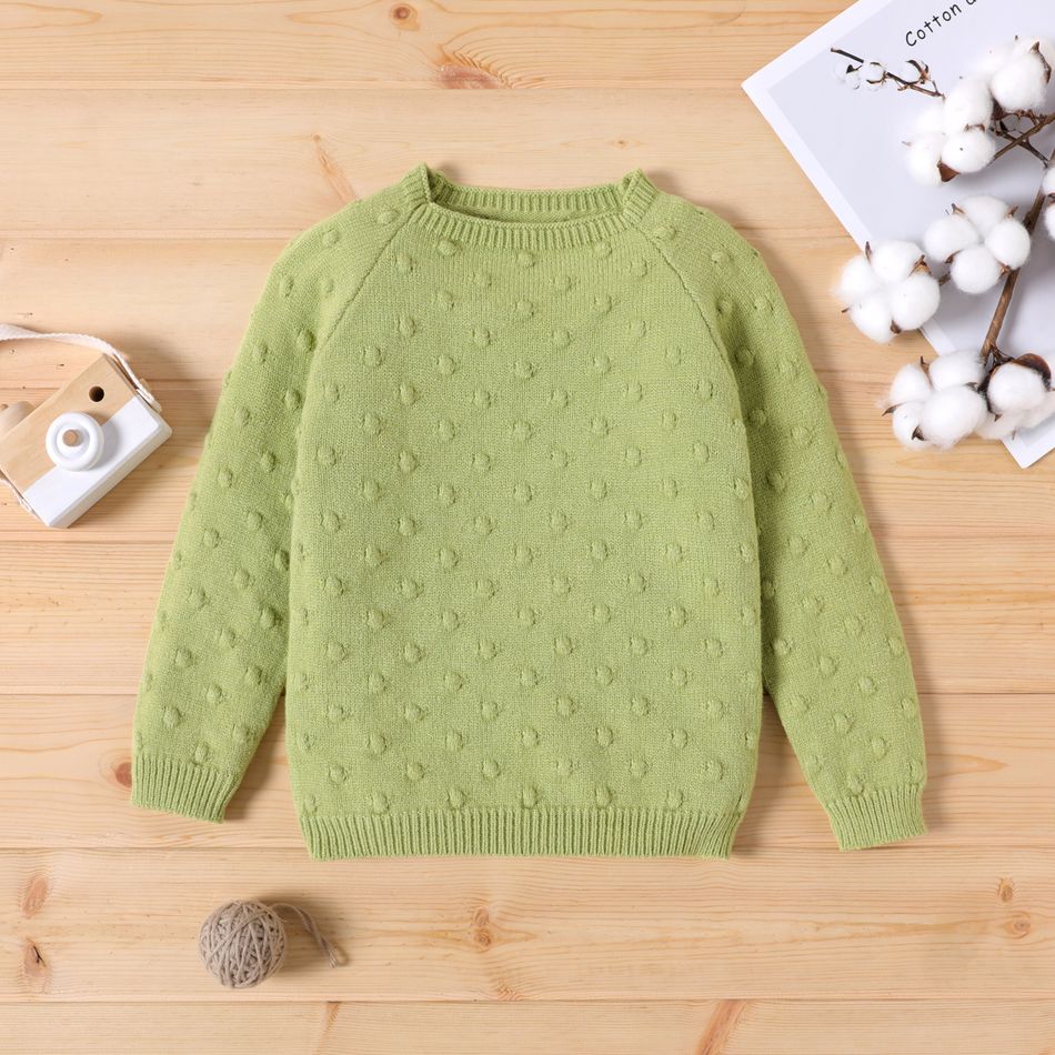 Toddler Girl Textured Popcorn Knit Raglan Sleeve Solid Color Sweater Light Green big image 1