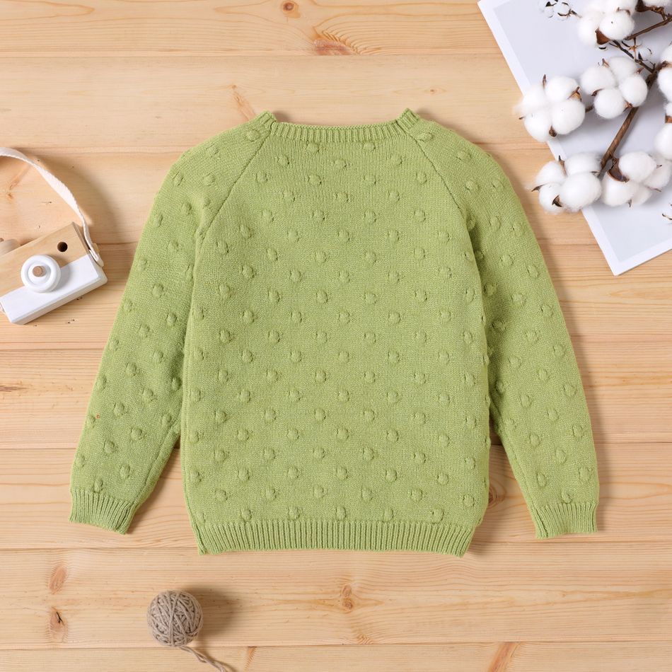 Toddler Girl Textured Popcorn Knit Raglan Sleeve Solid Color Sweater Light Green big image 5
