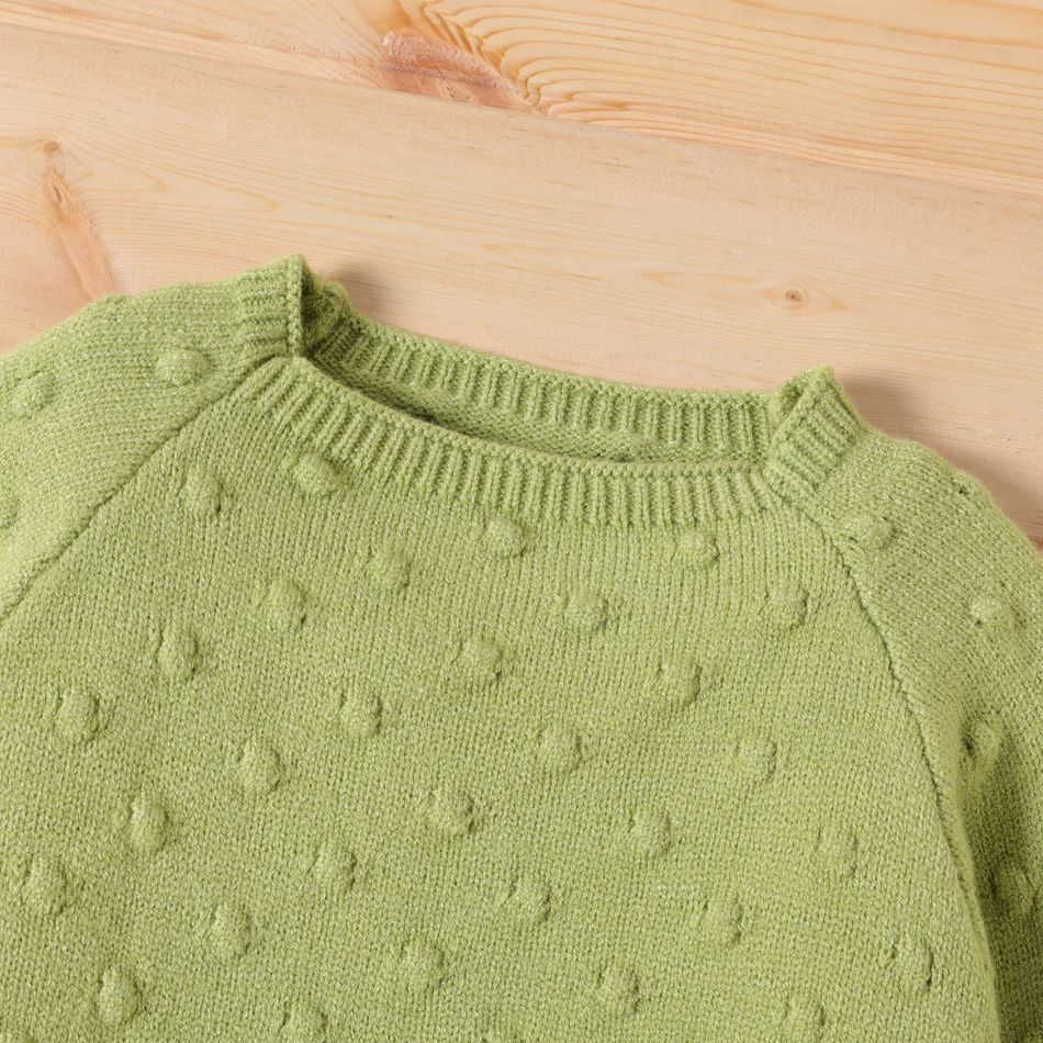 Toddler Girl Textured Popcorn Knit Raglan Sleeve Solid Color Sweater Light Green big image 4