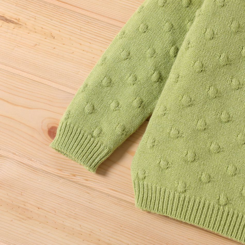 Toddler Girl Textured Popcorn Knit Raglan Sleeve Solid Color Sweater Light Green big image 3