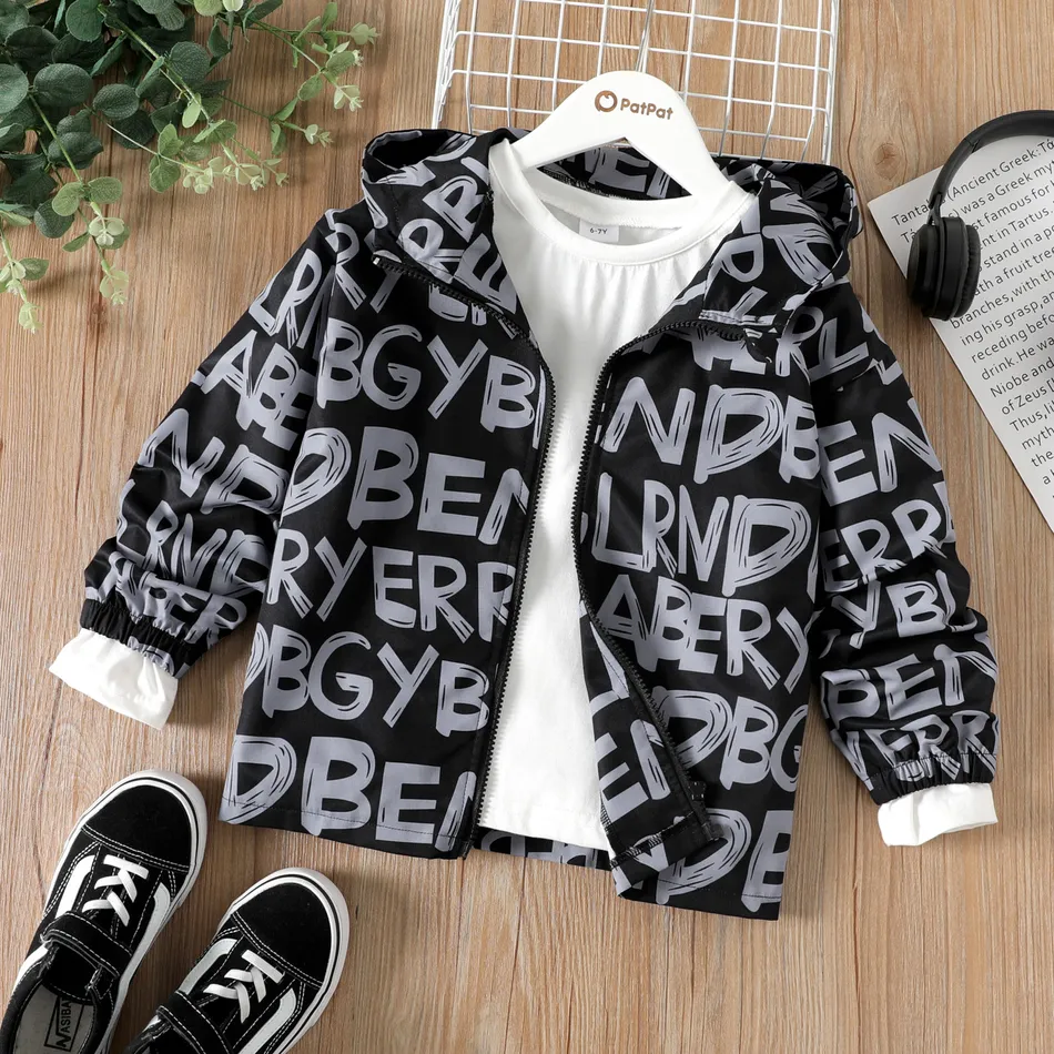 Kid Boy Letter Allover Print Zipper Hooded Jacket Dark Grey