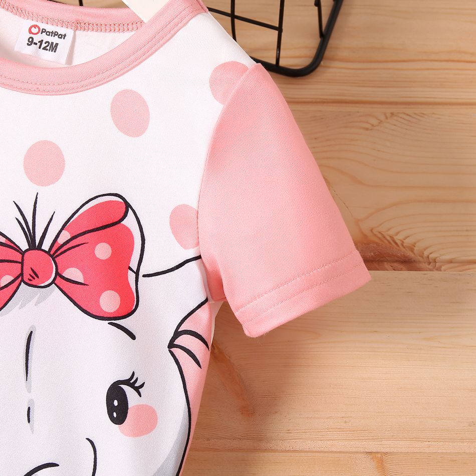 Baby Girl Polka Dots Cartoon Elephant Print Spliced Short-sleeve T-shirt Dress Pink big image 4