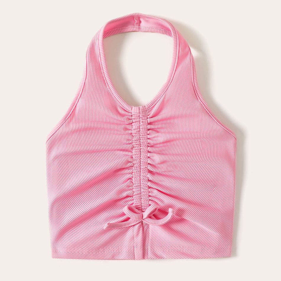 Kid Girl Solid Color Ruched Bowknot Design Backless Halter Camisole Pink