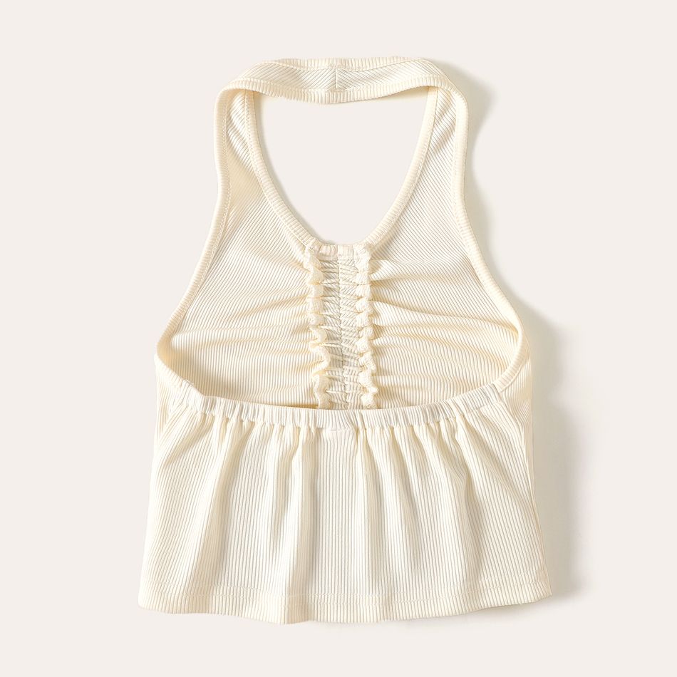 Kid Girl Solid Color Ruched Bowknot Design Backless Halter Camisole White big image 3