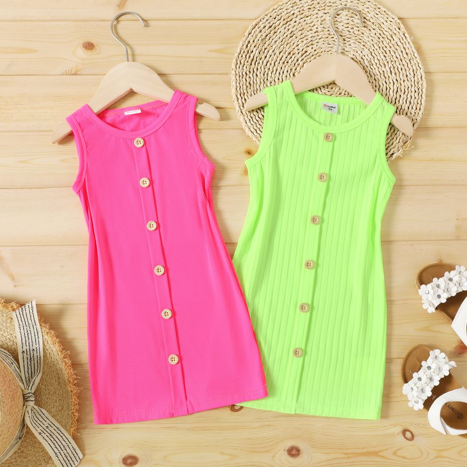 Toddler Girl Button Design Ribbed Solid Color Sleeveless Dress Green big image 2