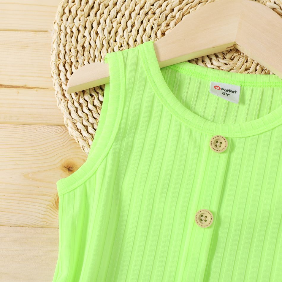 Toddler Girl Button Design Ribbed Solid Color Sleeveless Dress Green big image 5