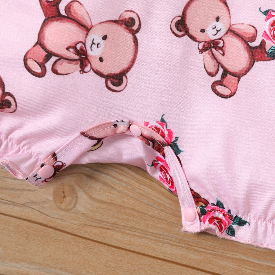Baby Girl Allover Cartoon Bear Print Pink Flutter-sleeve Romper Pink big image 5