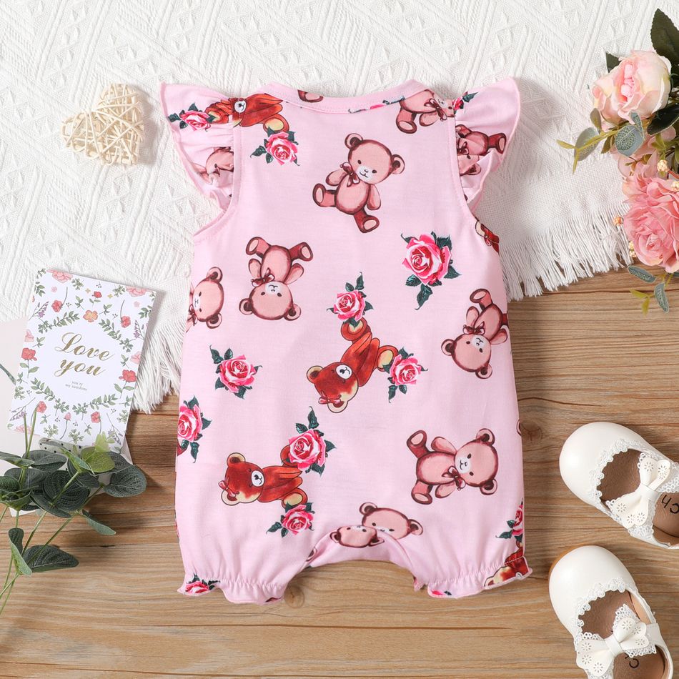 Baby Girl Allover Cartoon Bear Print Pink Flutter-sleeve Romper Pink big image 2