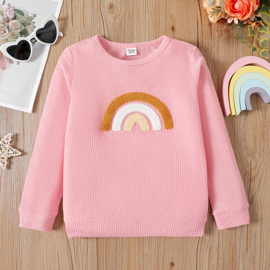 Kid Girl Rainbow Embroidered Waffle Pullover Sweatshirt Pink big image 1