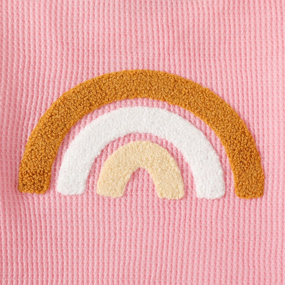 Kid Girl Rainbow Embroidered Waffle Pullover Sweatshirt Pink big image 5