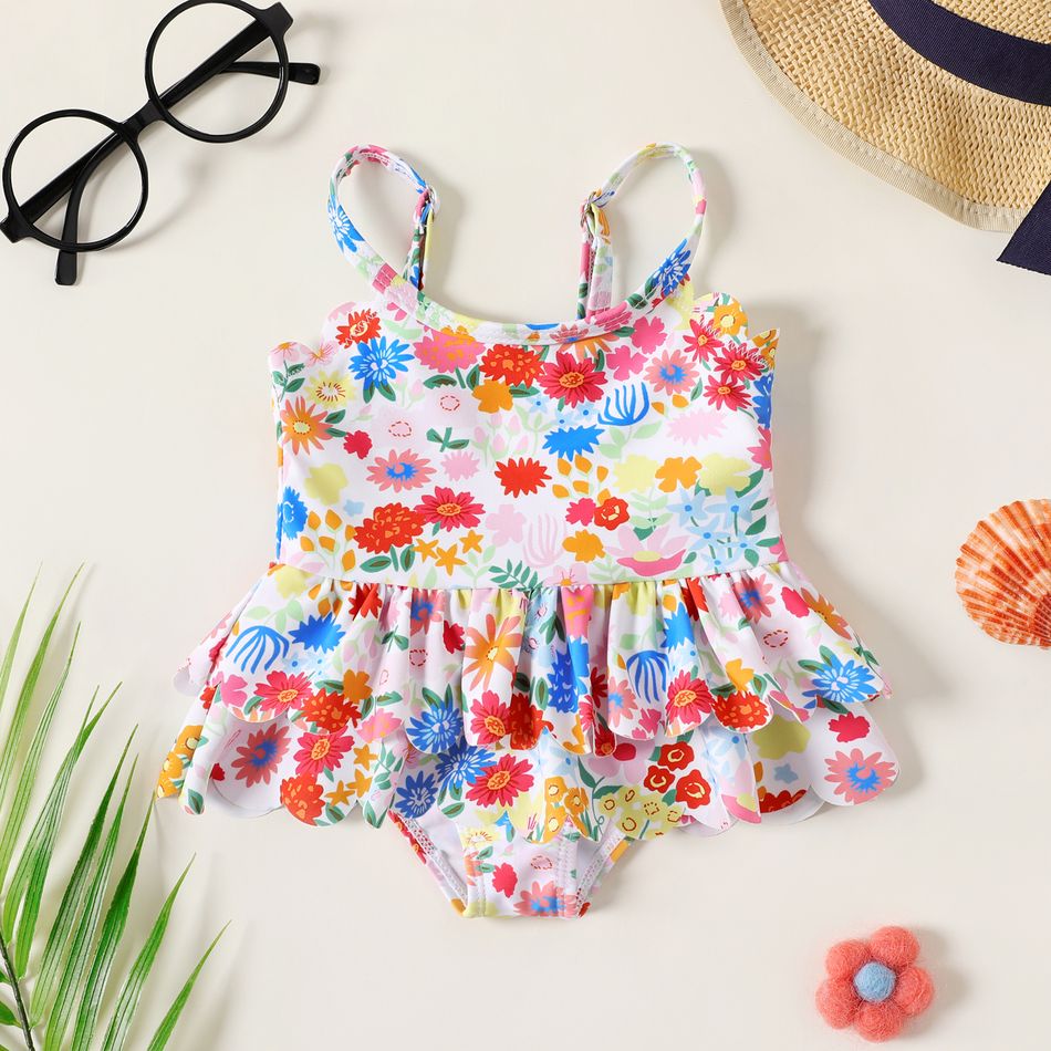 Baby Girl Allover Colorful Floral Print Spaghetti Strap One-Piece Swimsuit Multi-color big image 1
