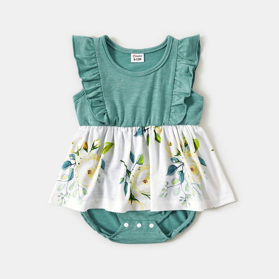 Family Matching Solid Spliced Floral Print Tank Dresses and Short-sleeve Striped T-shirts Sets aquagreen big image 7