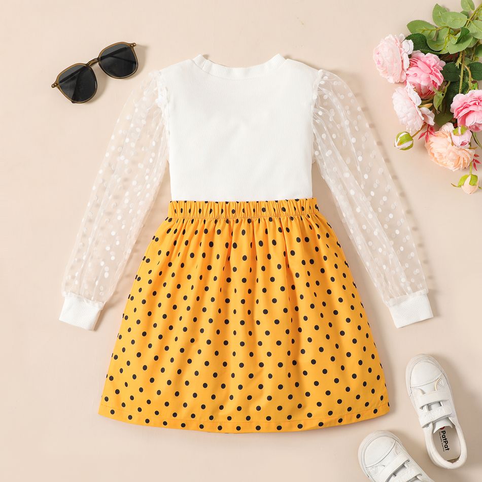 2pcs Kid Girl Polka dots Mesh Splice Long-sleeve Tee and Button Design Skirt Set White big image 3