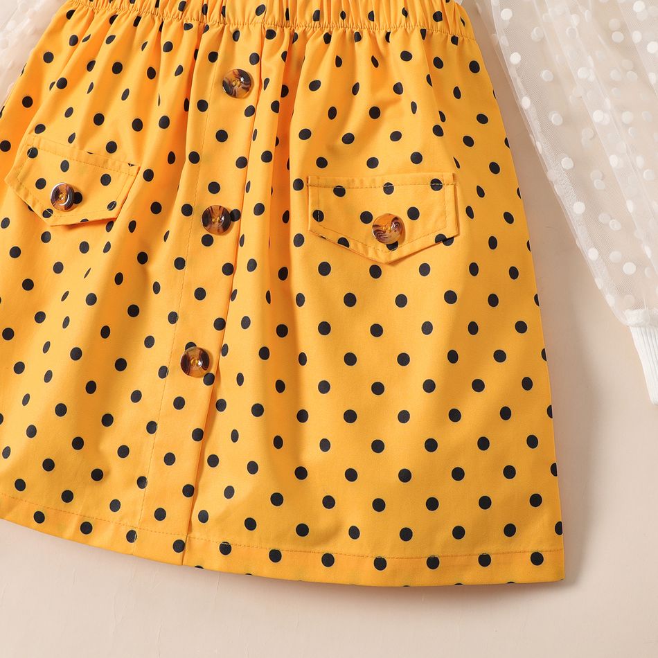 2pcs Kid Girl Polka dots Mesh Splice Long-sleeve Tee and Button Design Skirt Set White big image 6