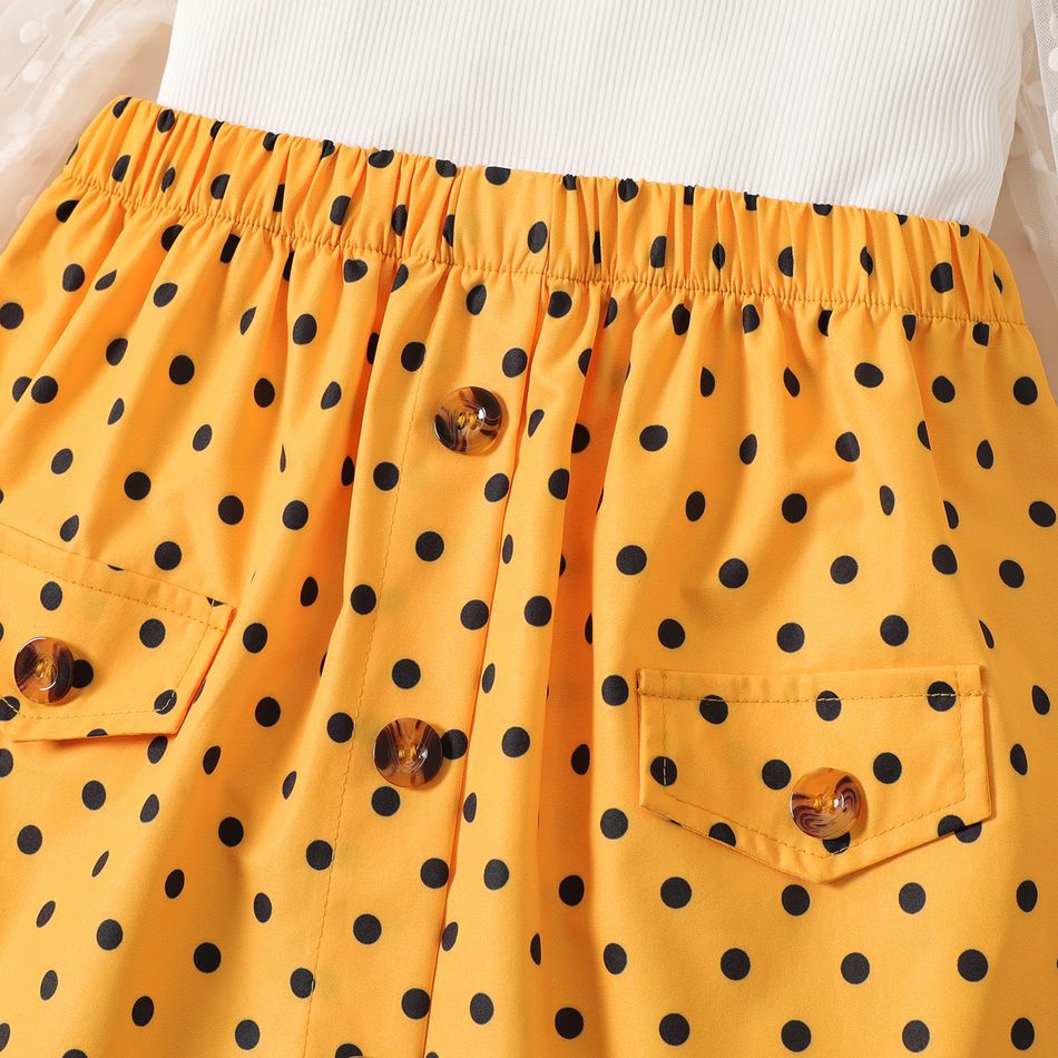 2pcs Kid Girl Polka dots Mesh Splice Long-sleeve Tee and Button Design Skirt Set White big image 5