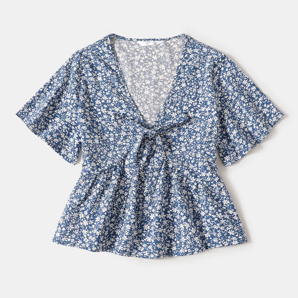 Allover Floral Print Blue V Neck Ruffle-sleeve Tops for Mom and Me Blue big image 2