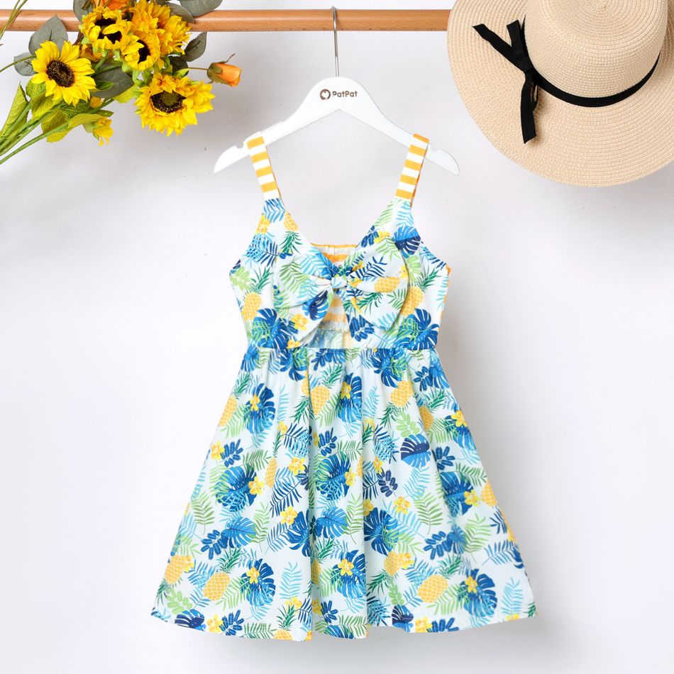 Kid Girl Floral Print Striped Bowknot Design Cut Out Cami Dress White