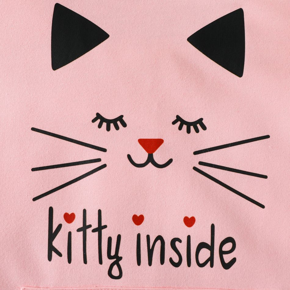 Kid Girl Letter Cute Cat Print Pocket Design Hooded Sweatshirt Pink big image 3