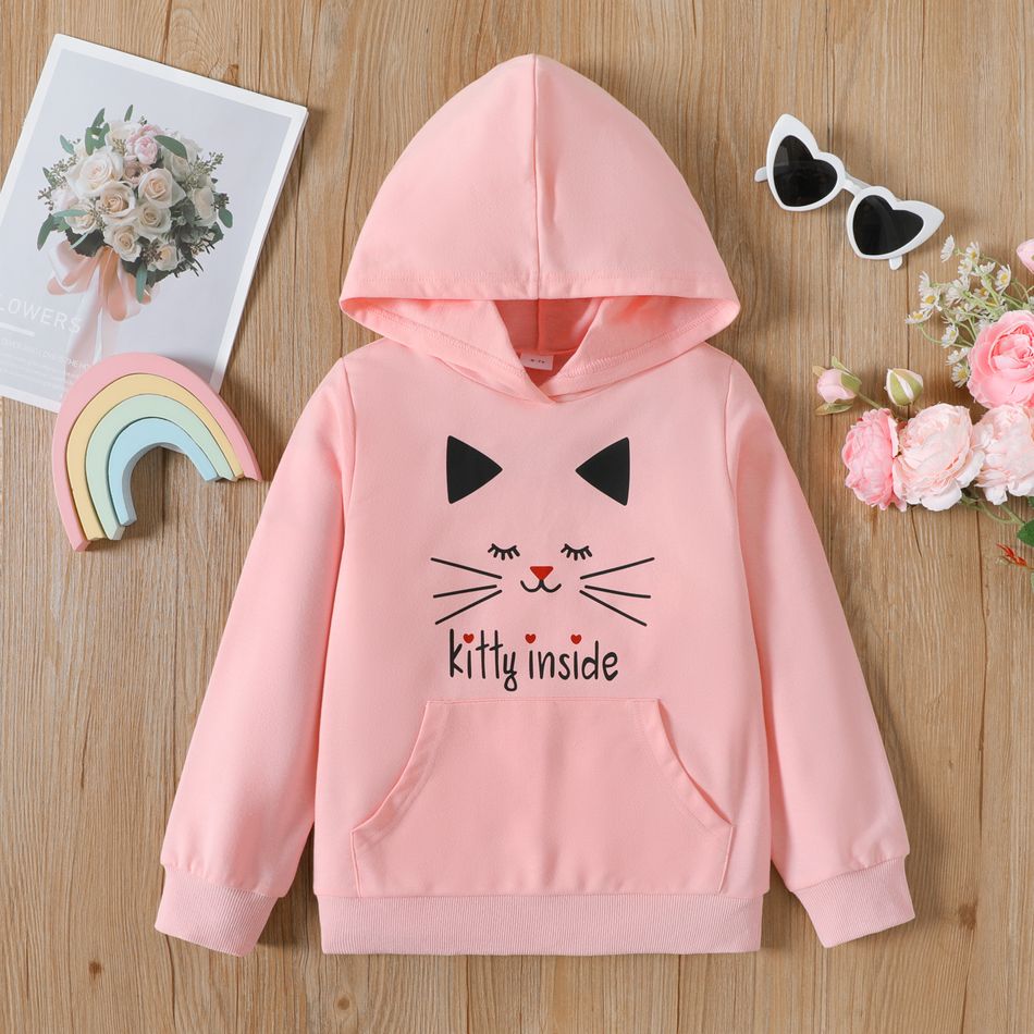 Kid Girl Letter Cute Cat Print Pocket Design Hooded Sweatshirt Pink