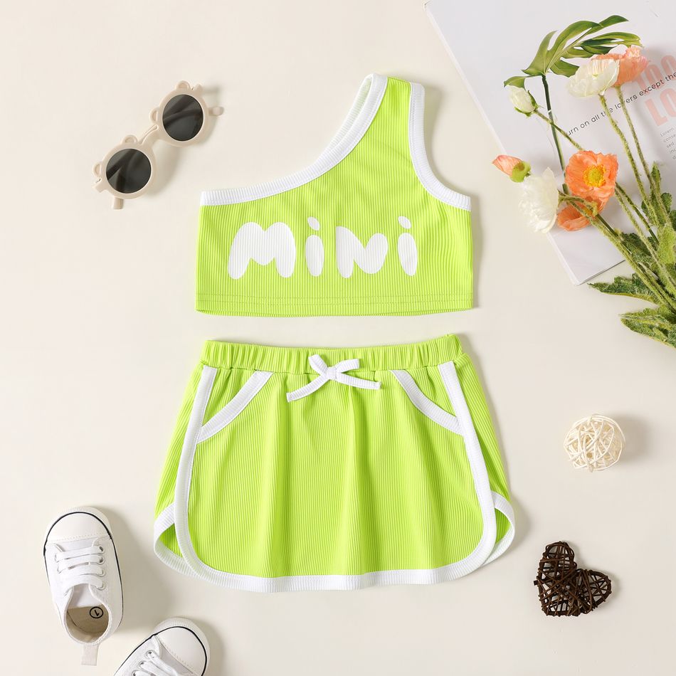 2pcs Baby Girl Contrast Binding Letter Print Rib Knit One Shoulder Tank Crop Top and Shorts Set LUMINOUSYELLOW