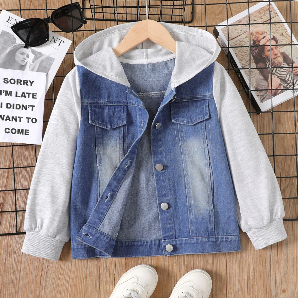 Kid Girl Faux-two Splice Button Design Hooded Denim Jacket Blue