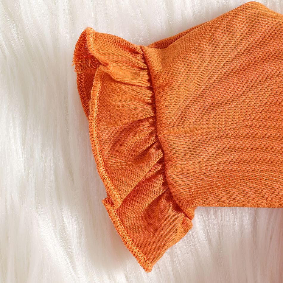 2pcs Kid Girl Floral Print Sleeveless Dress and Ruffled Long-sleeve Orange Cardigan Set KHAKI big image 4