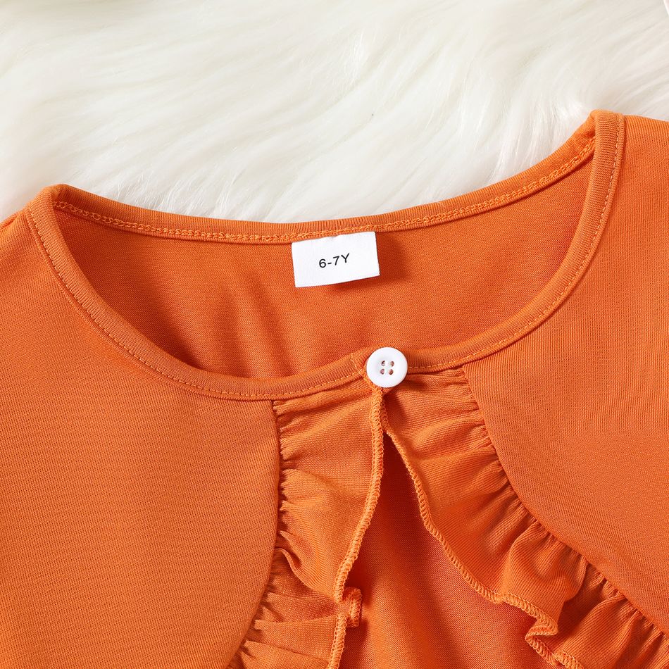 2pcs Kid Girl Floral Print Sleeveless Dress and Ruffled Long-sleeve Orange Cardigan Set KHAKI big image 3