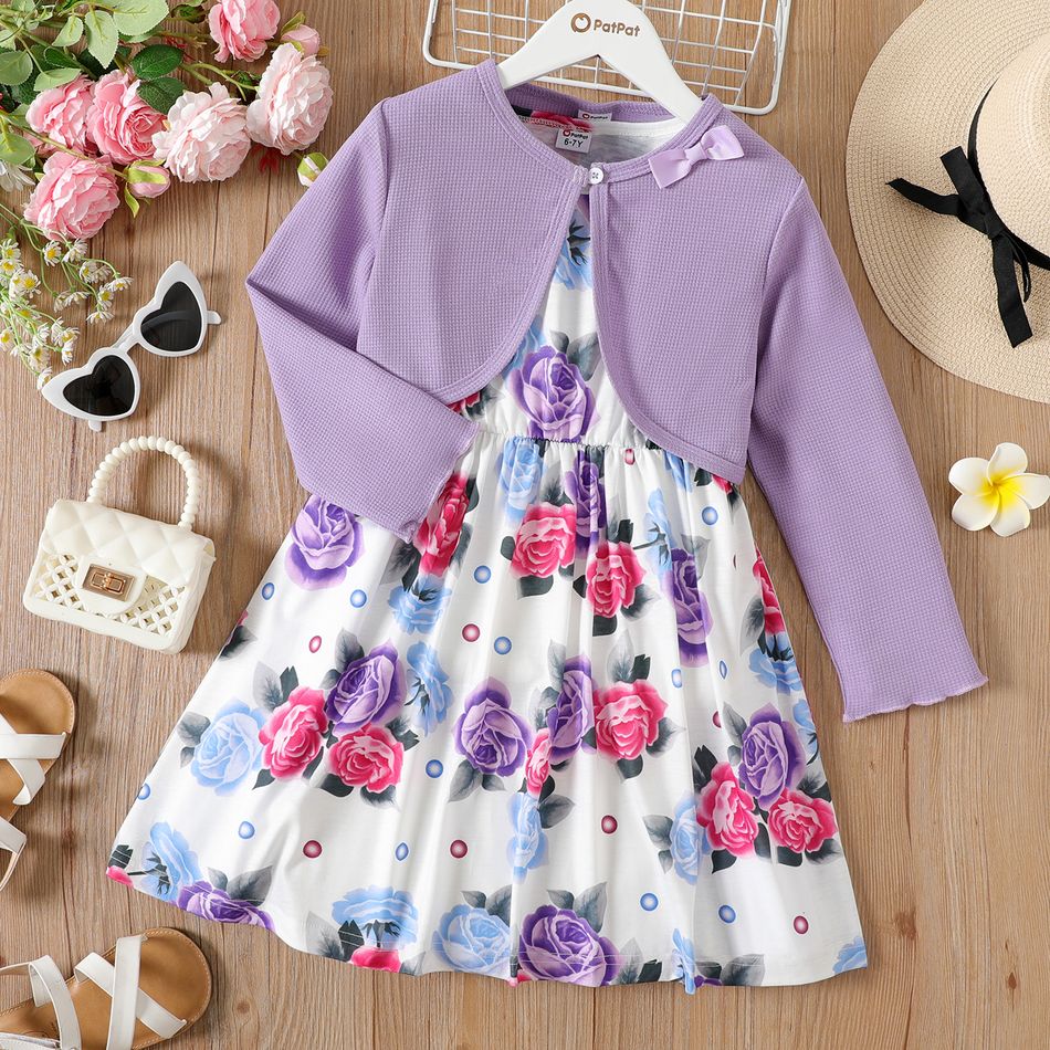 2pcs Kid Girl Floral Print Sleeveless Dress and Long-sleeve Purple Bowknot Design Cardigan Set Purple big image 2